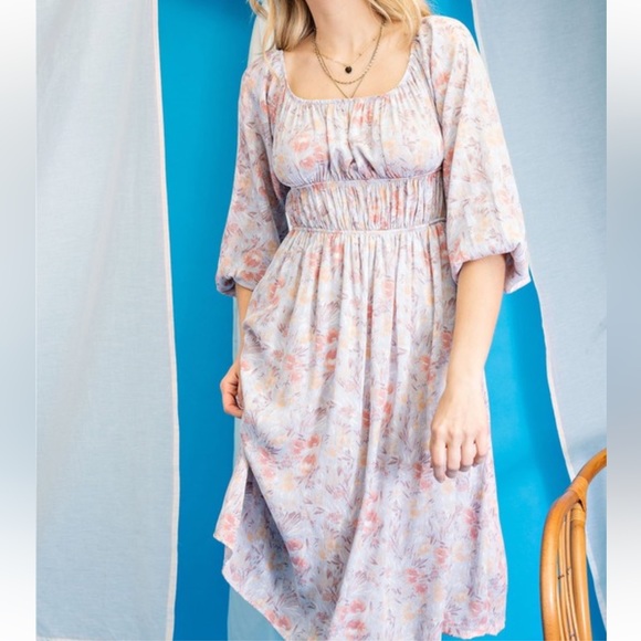 4. Women's Plus Size Off Shoulder Floral Dusty Blue Ruched Detail Dress - Picture 6 of 6